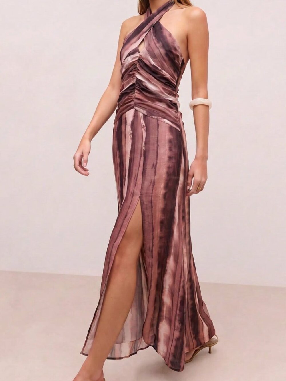 Burgundy Sexy Women's Backless Knot Split Thigh Halter A-Line Midi Dress - Picture 3 of 7